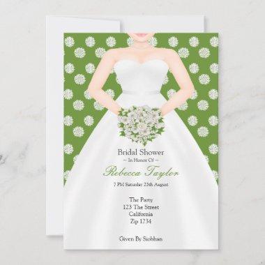 Bridal Shower Elegant Wedding Dress Green Flowers Invitations