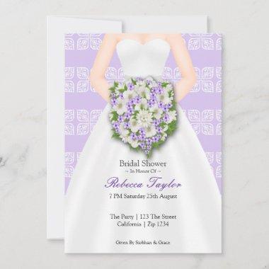 Bridal Shower Elegant Wedding Dress Lilac Flowers Invitations