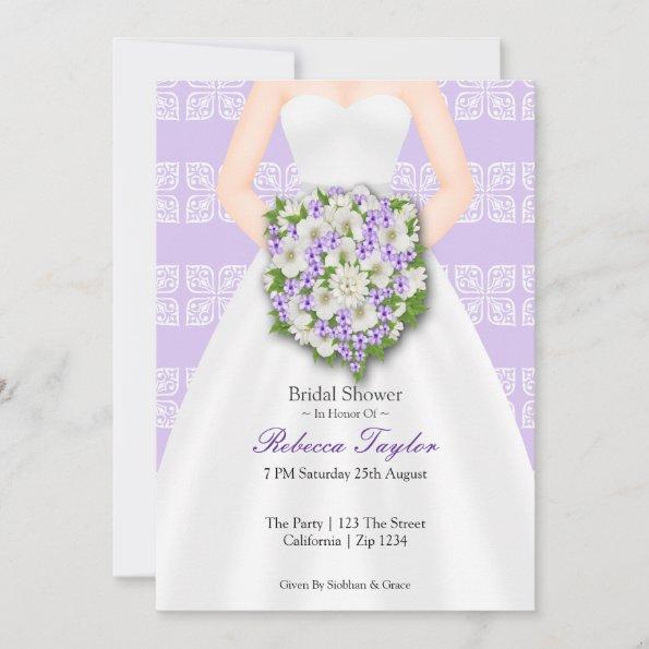 Bridal Shower Elegant Wedding Dress Lilac Flowers Invitations