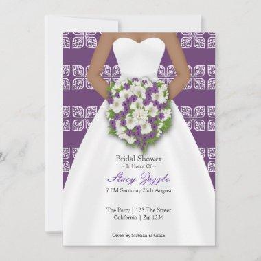 Bridal Shower Elegant Wedding Dress Purple Flowers Invitations