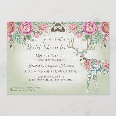 Bridal Shower Elegant Wild Rose Floral Deer Antler Invitations