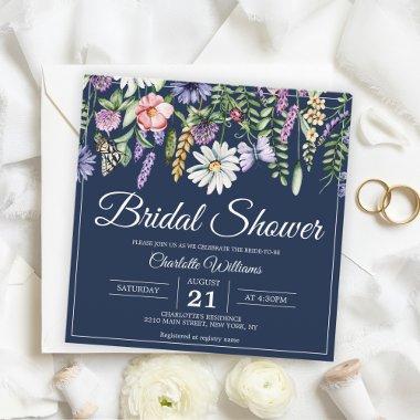 Bridal Shower Elegant Wildflowers Navy Blue Floral Invitations