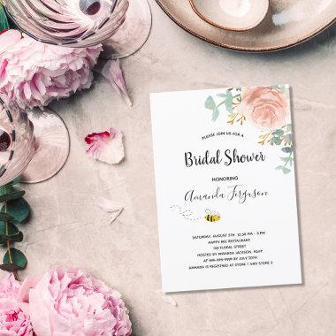 Bridal Shower eucalyptus floral rose gold bee Invitations
