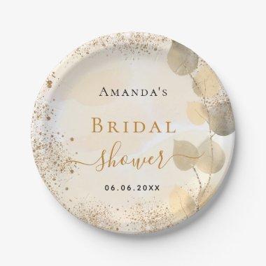 Bridal Shower eucalyptus golden glitter monogram Paper Plates