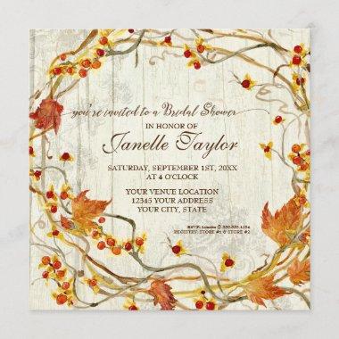 Bridal Shower Fall Autumn Leaves Wreath Wooden Invitations