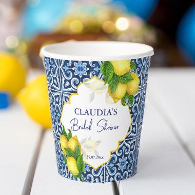Bridal shower favor gifts blue tiles lemon Amalfi Paper Cups
