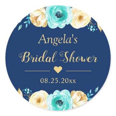 Favor Navy Blue Mint Gold Floral Classic Round Sticker
