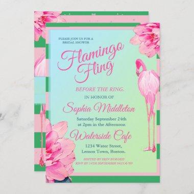 Bridal Shower Flamingo Fling Green Pink Floral Invitations