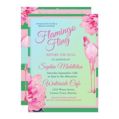 Bridal Shower Flamingo Fling Green Pink Floral Invitations