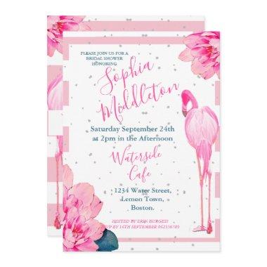 Bridal Shower Flamingo Pink Stripe Floral Chic Invitations