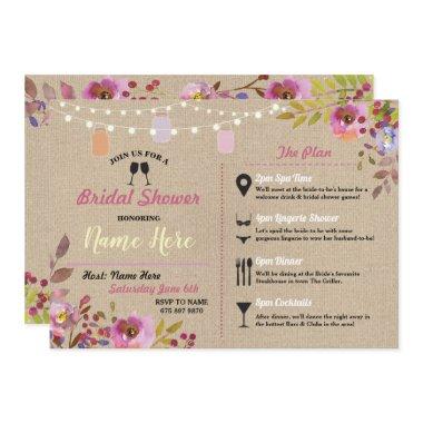 Bridal Shower Floral Burlap Jars Pink Itinerary Invitations