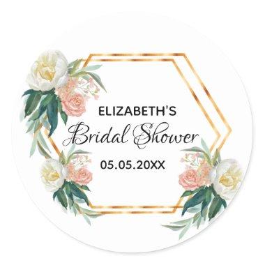 Bridal Shower floral coral gold geometric roses Classic Round Sticker