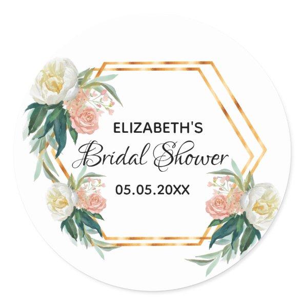 Bridal Shower floral coral gold geometric roses Classic Round Sticker