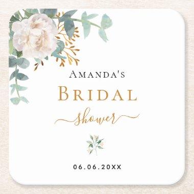 Bridal Shower floral eucalyptus greenery elegant Square Paper Coaster