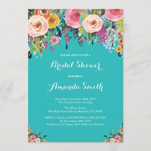 Bridal Shower Floral Flowers Teal Turquoise Aqua Invitations