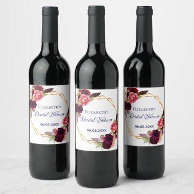Bridal shower floral geometric white burgundy wine label