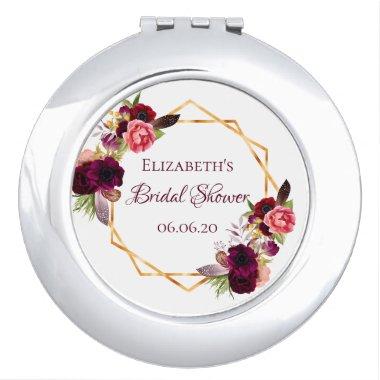Bridal shower floral gold geometric burgundy name compact mirror