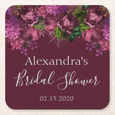 Floral Marsala Burgundy Square Paper Coaster