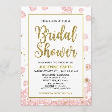 Bridal Shower Floral | Pink and Gold Glitter Invitations