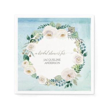 Bridal Shower Floral Wreath Blue Ivory Rose Rustic Napkins
