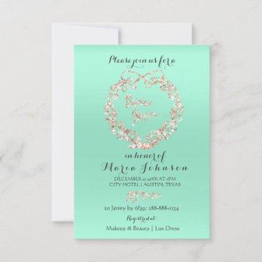 Bridal Shower Floral Wreath Mint Pink Rose Gold Invitations