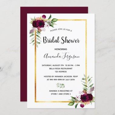 Bridal shower florals burgundy greenery boho Invitations