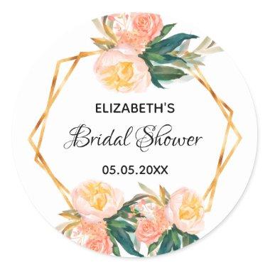 Bridal Shower florals coral gold geometric roses Classic Round Sticker