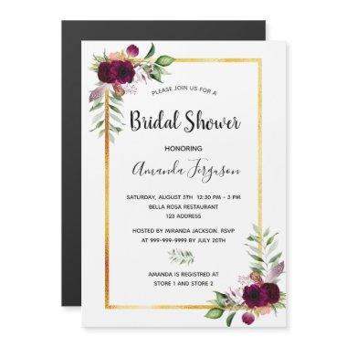 Bridal shower florals gold greenery boho burgundy magnetic Invitations
