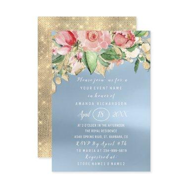 Bridal Shower Flower Brunch Greenery Gold Blue Invitations