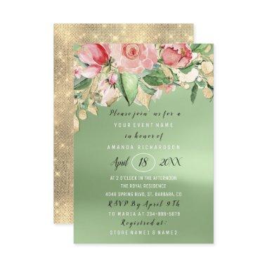 Bridal Shower Flower Brunch Greenery Gold Mint Pin Invitations