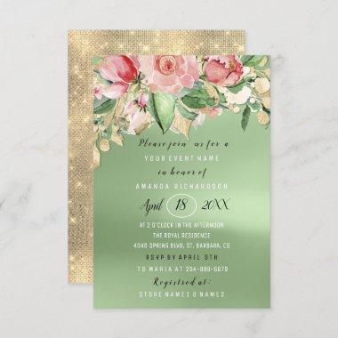 Bridal Shower Flower Brunch Greenery Pink Gold Invitations