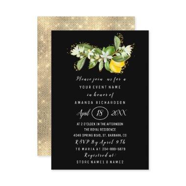 Bridal Shower Flower Brunch Lemon Green Black Invitations