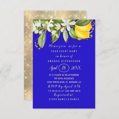 Bridal Shower Flower Brunch Lemon Royal Blue Invitations