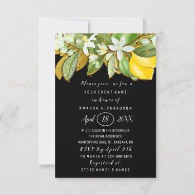Bridal Shower Flower Brunch Lemon Tree Black Invitations