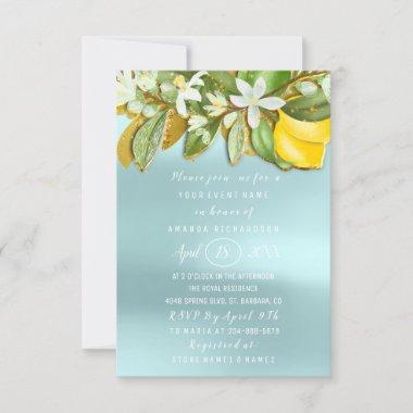 Bridal Shower Flower Brunch Lemon Tree Blue Invitations