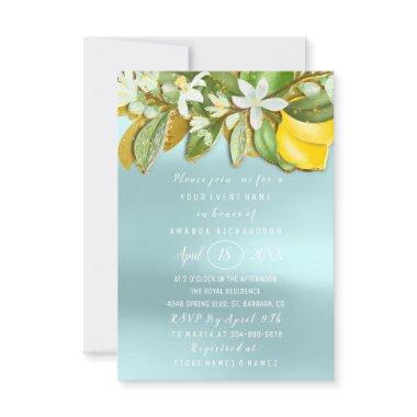 Bridal Shower Flower Brunch Lemon Tree Blue Invitations