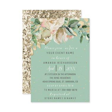 Bridal Shower Flower Brunch Mint Green Watercolor Invitations