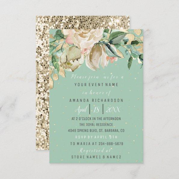 Bridal Shower Flower Brunch Mint Green Watercolor Invitations