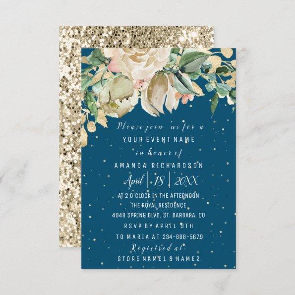Bridal Shower Flower Brunch Mint Navy Watercolor Invitations