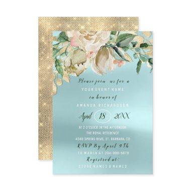 Bridal Shower Flower Brunch Mint Roses Blue Invitations