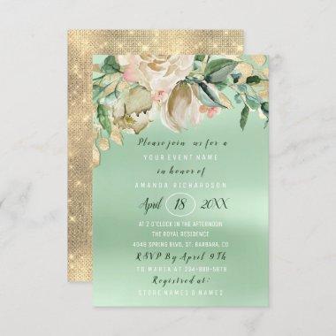 Bridal Shower Flower Brunch Mint Watercolor Gold Invitations
