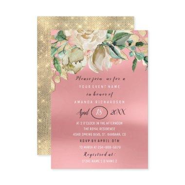 Bridal Shower Flower Brunch Spark Gold Pink Invitations