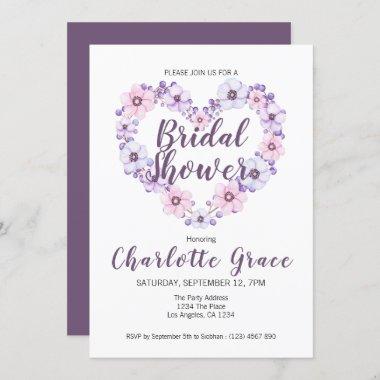 Bridal Shower Flower Heart Purple White Invitations