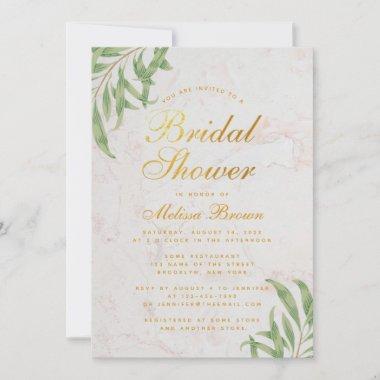 Bridal Shower Foliage Marble Faux Gold Calligraphy Invitations