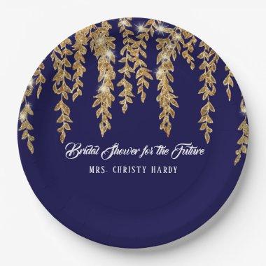 Bridal Shower Future Mrs. Navy Gold Willow Leaf Paper Plates