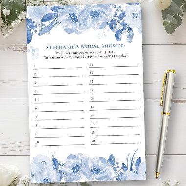 Bridal Shower Game Blue Floral Answer Sheet