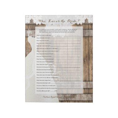 Bridal Shower Game in Rustic Wood Design Notepad
