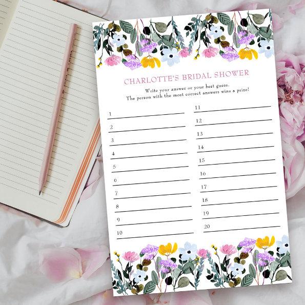 Bridal Shower Game Wildflower Lawn Answer Invitations