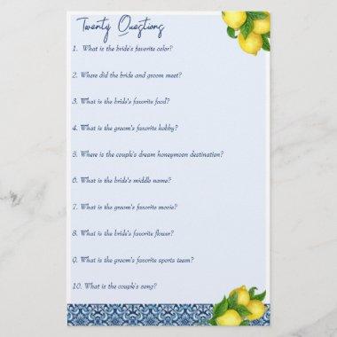 Bridal shower games 20 questions game stationery