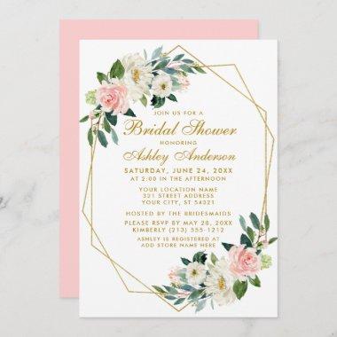 Bridal Shower Geometric Frame Pink Floral Invite